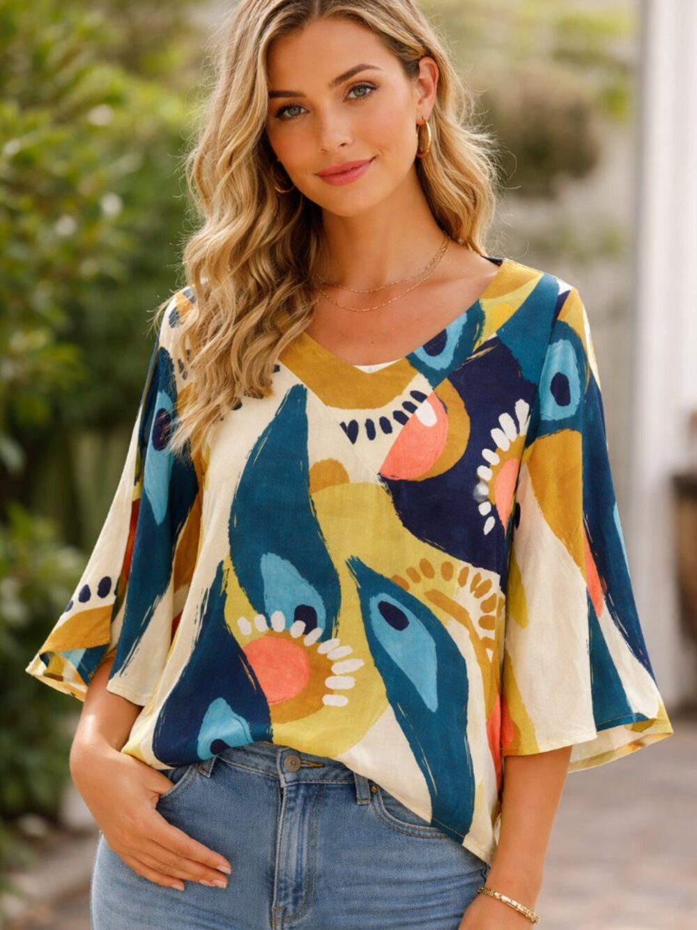 Colorful Tropical Print Boho Blouse Bell Sleeve Resort Top S